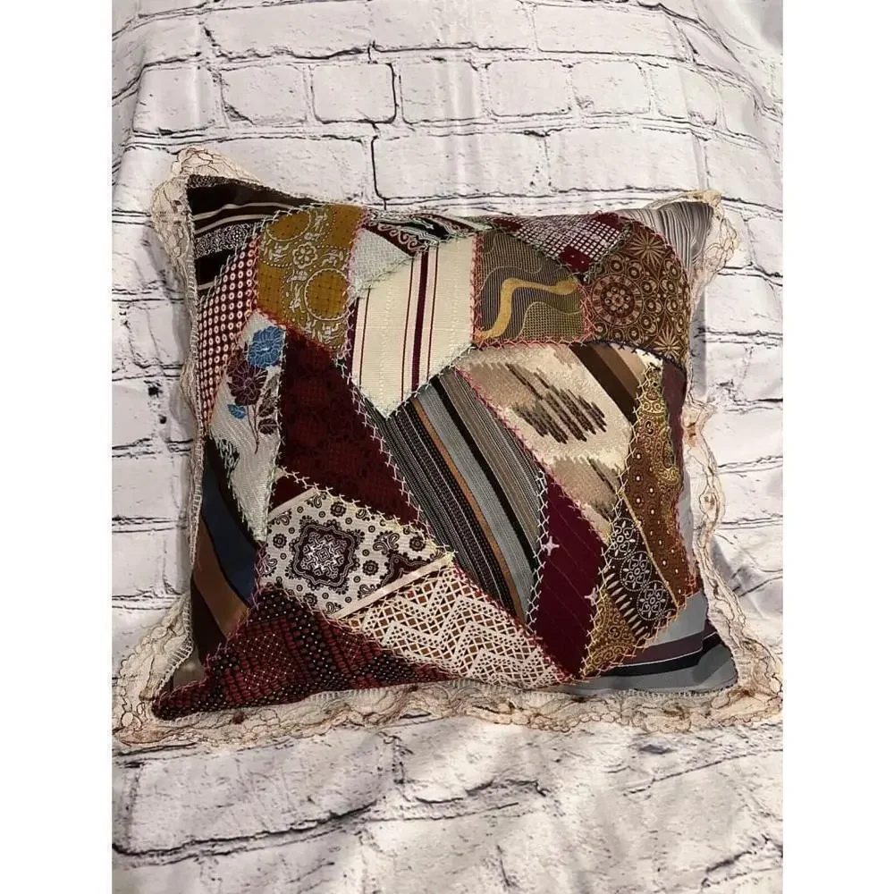 Vintage Crazy Quilt Accent Pillow Patchwork Velvet Back Embroidery Handmade